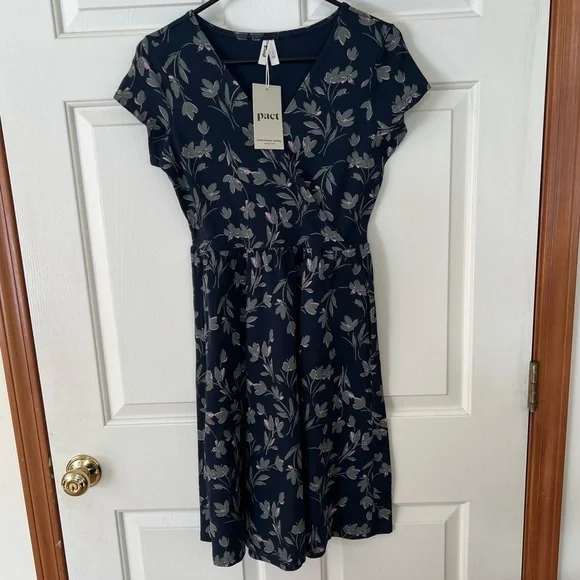 Pact Organic Fit & Flare Crossover Dress Painted Petals Midnight Blue - Picture 5 of 6